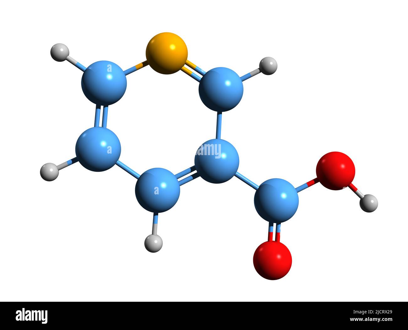 3D immagine di acido nicotinico formula scheletrica - struttura chimica molecolare di niacina o vitamina B3 isolato su sfondo bianco Foto Stock