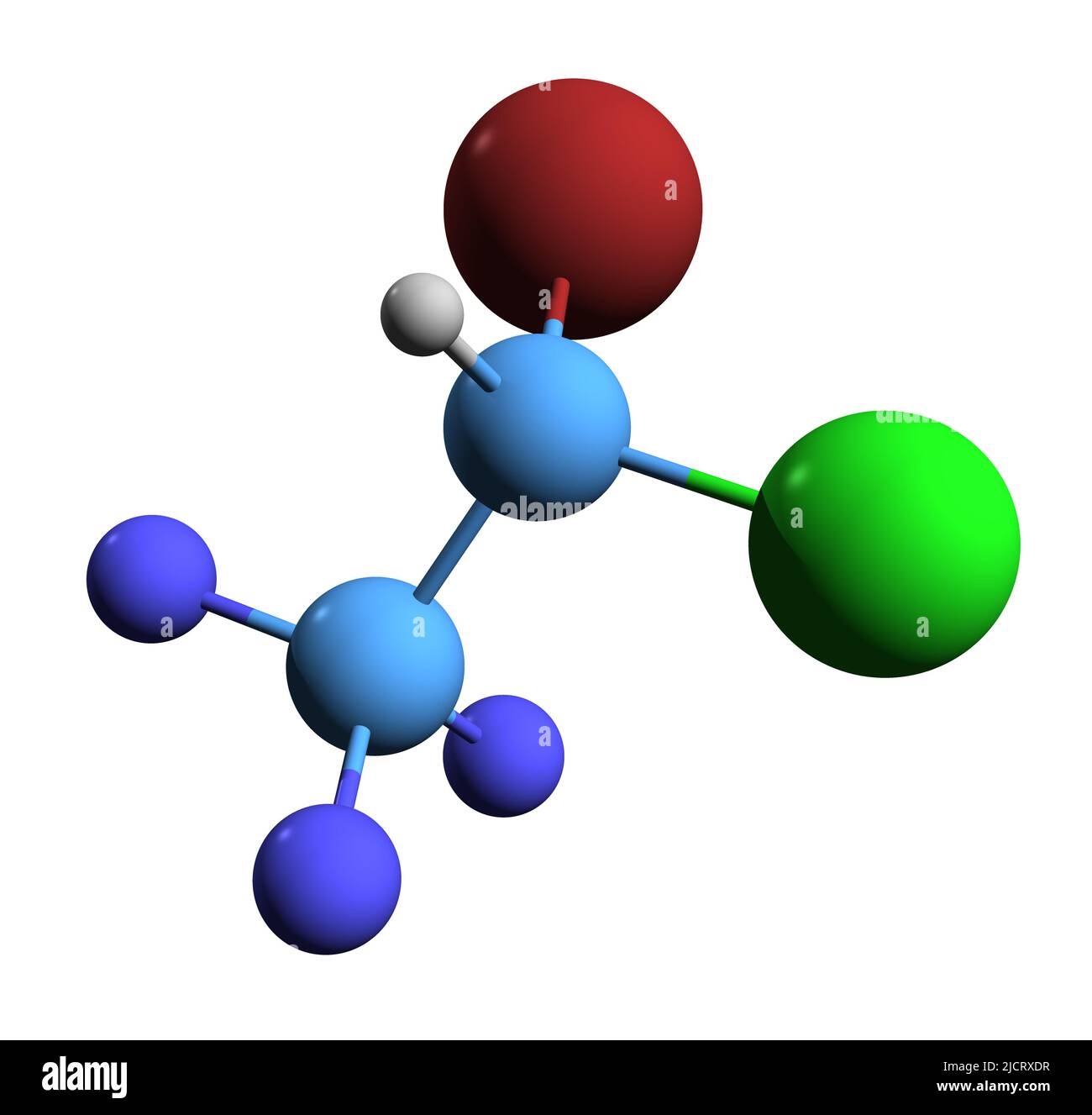 3D immagine della formula scheletrica dell'alotano - struttura chimica molecolare dell'anestetico generale isolato su sfondo bianco Foto Stock