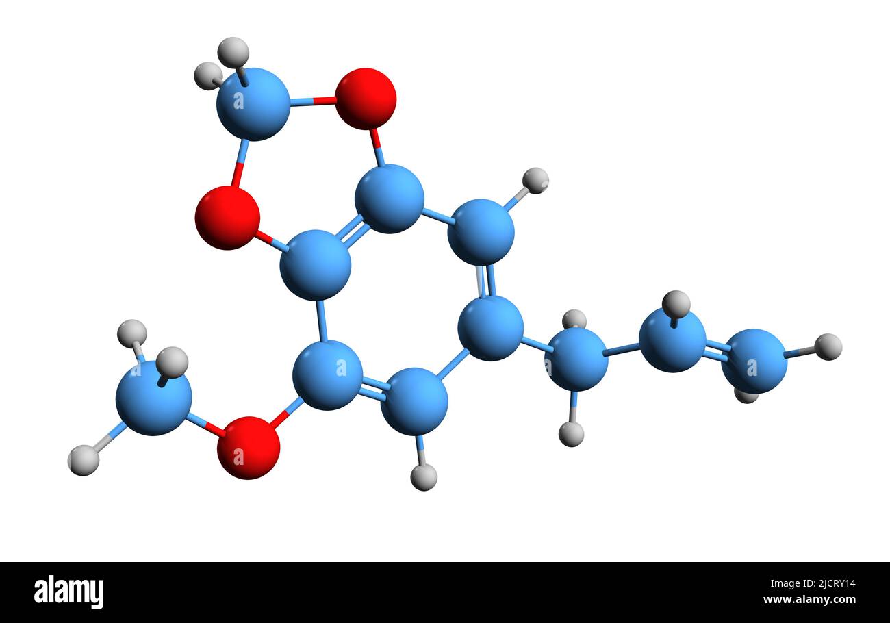 3D immagine della formula scheletrica della miristicina - struttura chimica molecolare del metossisafrolo isolato su sfondo bianco Foto Stock