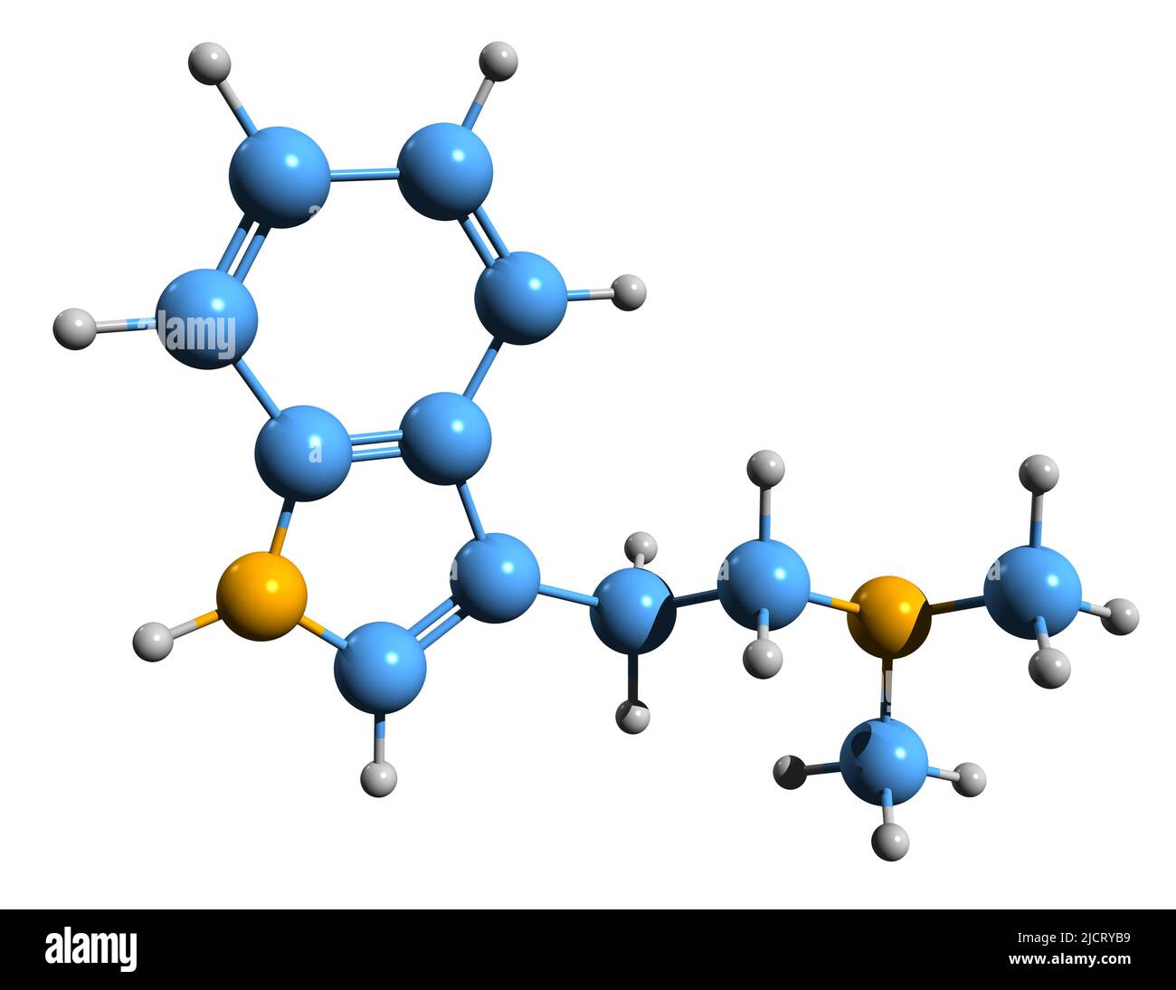 3D immagine della formula scheletrica della dimetiltriptamina - struttura chimica molecolare dell'allucinogeno serotonergico DMT isolato su sfondo bianco Foto Stock