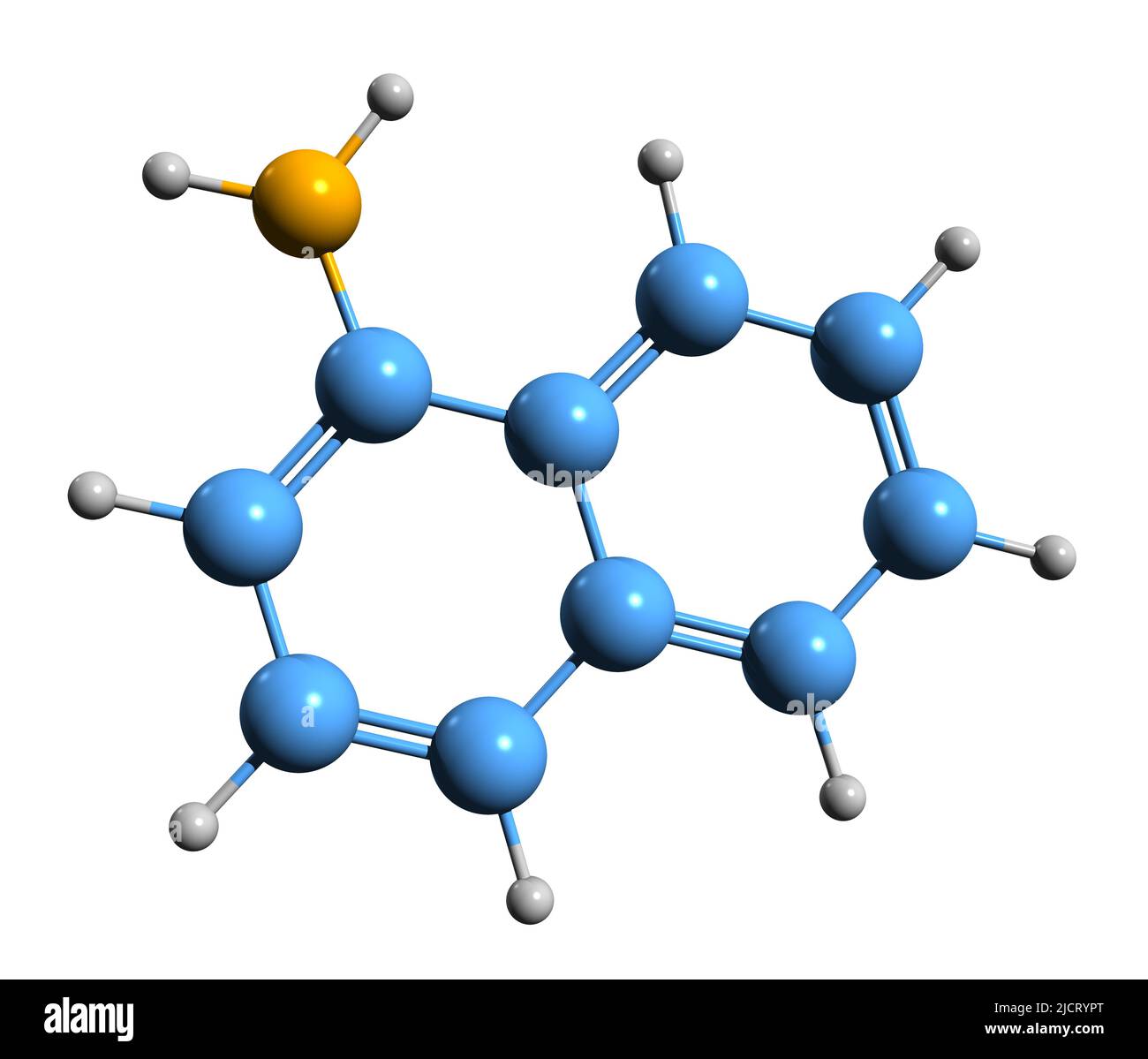 3D immagine di 1-naftilammina formula scheletrica - struttura chimica molecolare di Aminonaftalene isolato su sfondo bianco Foto Stock