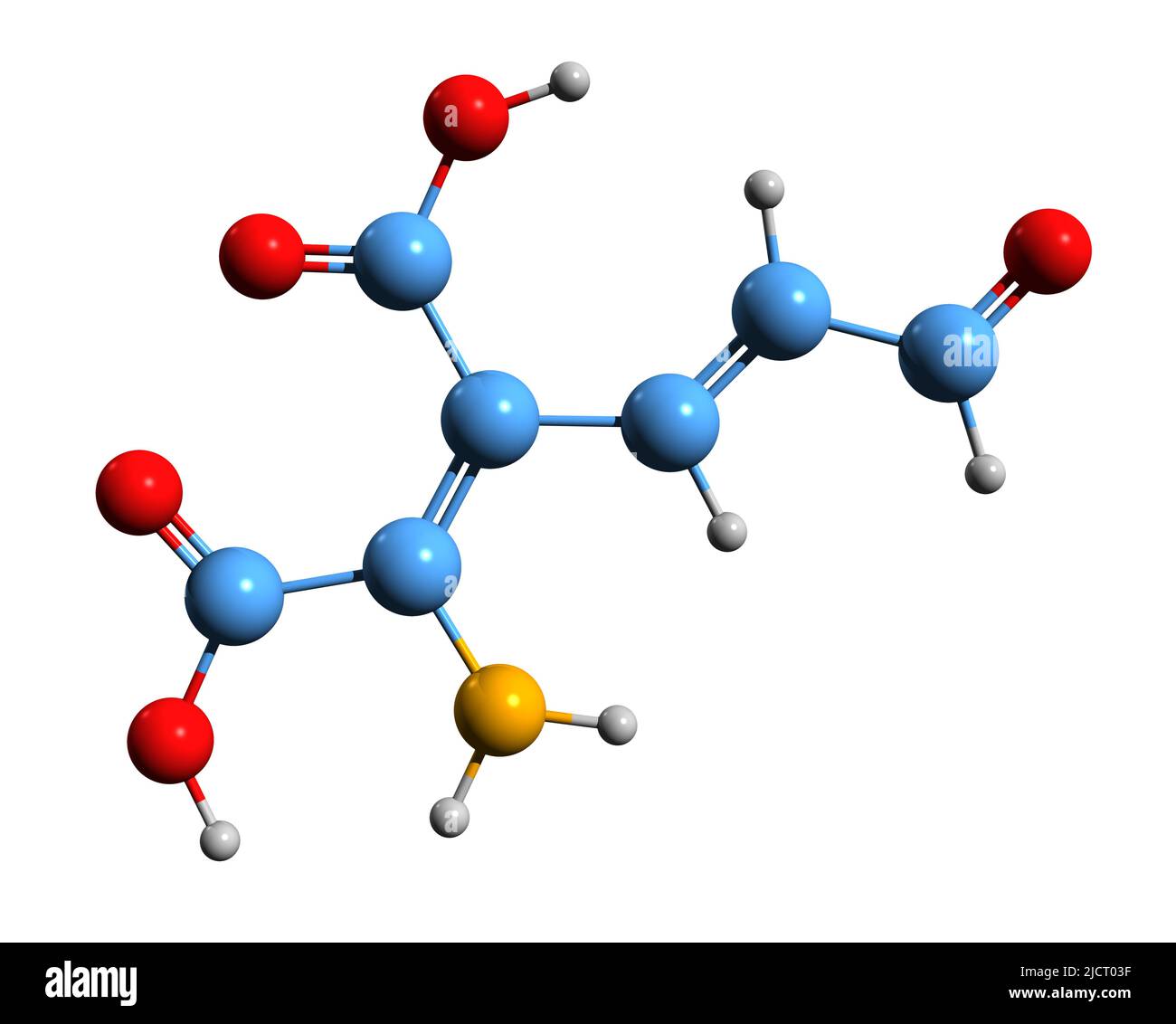 3D immagine della semialdeide 2-ammino-3-carbossimuconica formula scheletrica - struttura chimica molecolare dell'intermedio nel metabolismo dell'isolo triptofano Foto Stock