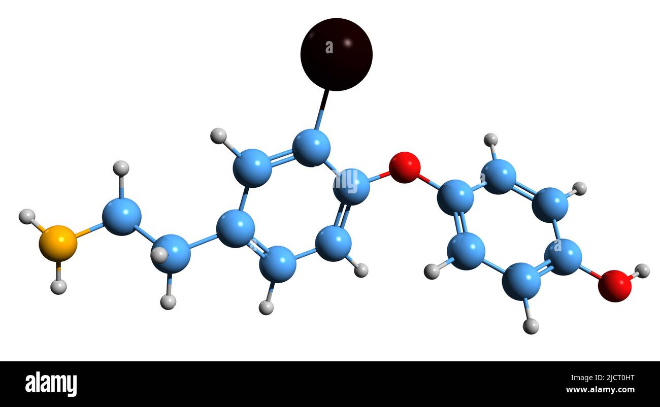3D immagine della formula scheletrica 3-Iodotironamina - struttura chimica molecolare della tironamina endogena isolata su sfondo bianco Foto Stock