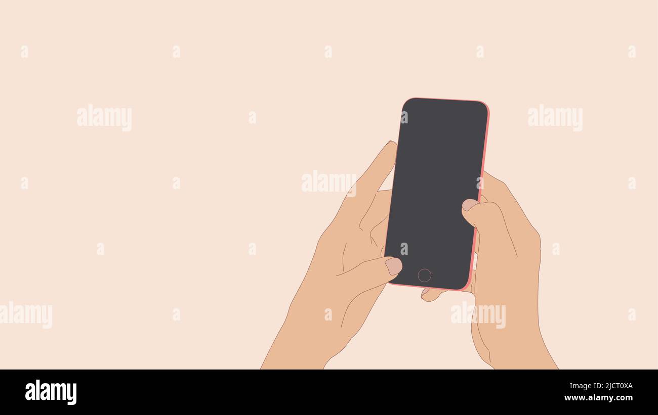 Mani femminili che tengono il telefono cellulare in posizione verticale. Mani e smartphone su sfondo rosa. Illustrazione vettoriale. Spazio di copia. Illustrazione Vettoriale
