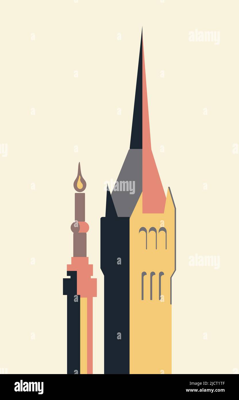 Vecchia casa torre, castello, chiesa. Set di illustrazione vettoriale di un edificio di alta cosa con guglia. Illustrazione Vettoriale