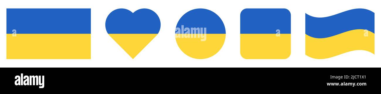 Bandiera Ucraina impostata. Simbolo nazionale ucraino. Forma quadrata, rotonda e a cuore. Illustrazione blu e gialla. Illustrazione vettoriale Illustrazione Vettoriale