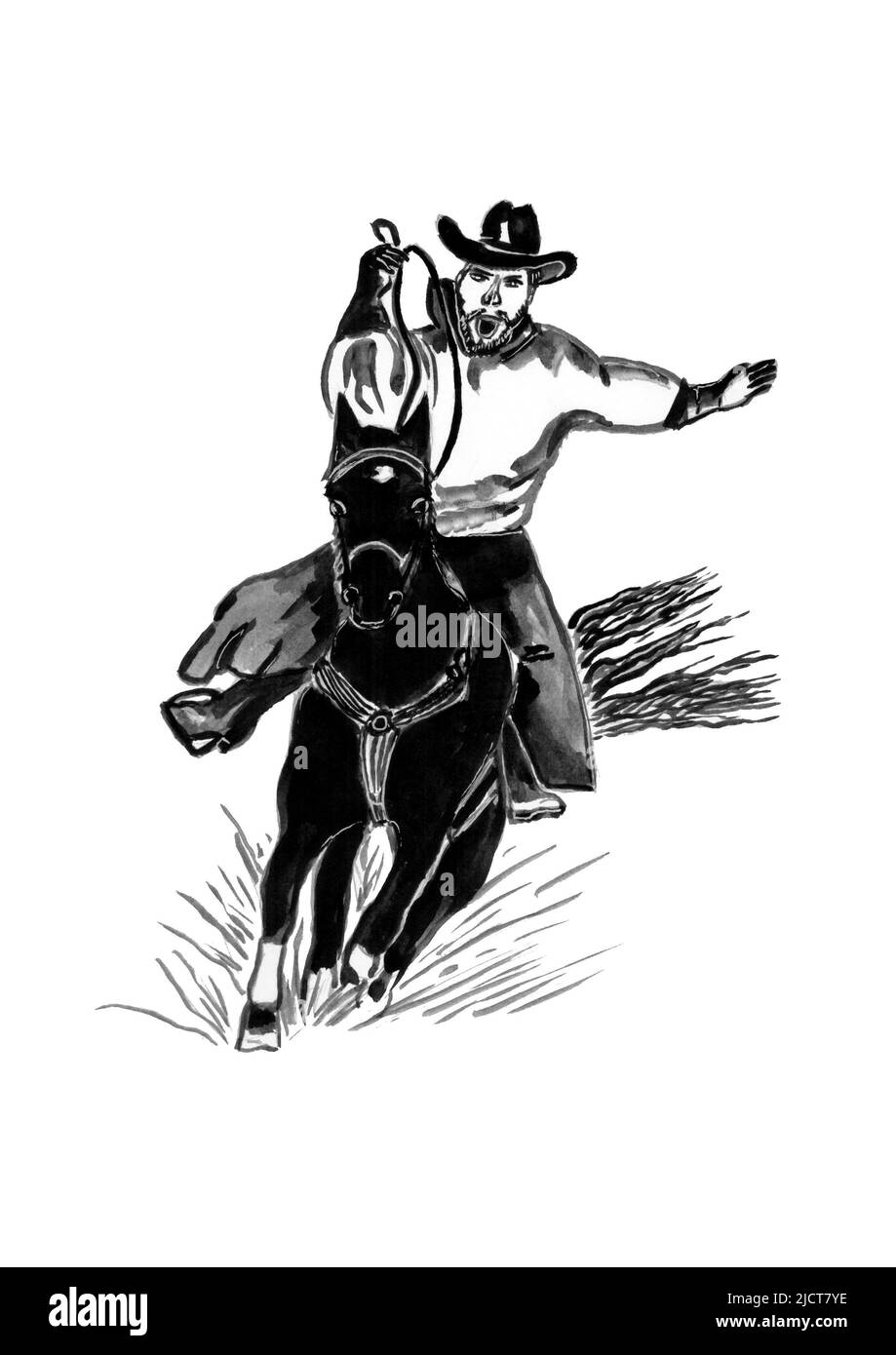 Acquerello bianco e nero schizzo di un cowboy a cavallo, cowboy rodeo a cavallo selvaggio, disegno inchiostro, isolato su uno sfondo bianco Foto Stock