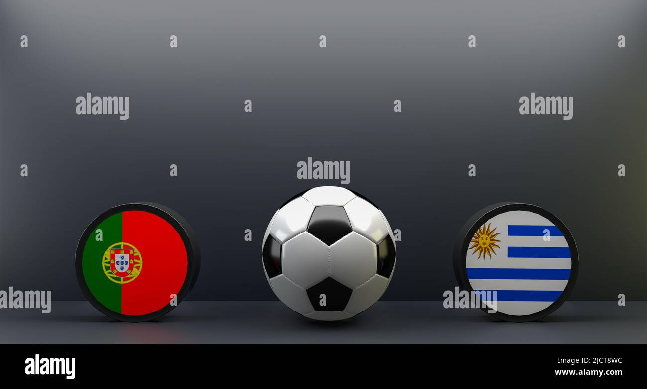 FIFA World Cup 2022 Portogallo vs Uruguay, bandiera Portogallo e Uruguay, calcio Portogallo Uruguay, lavoro 3D e immagine 3D Foto Stock