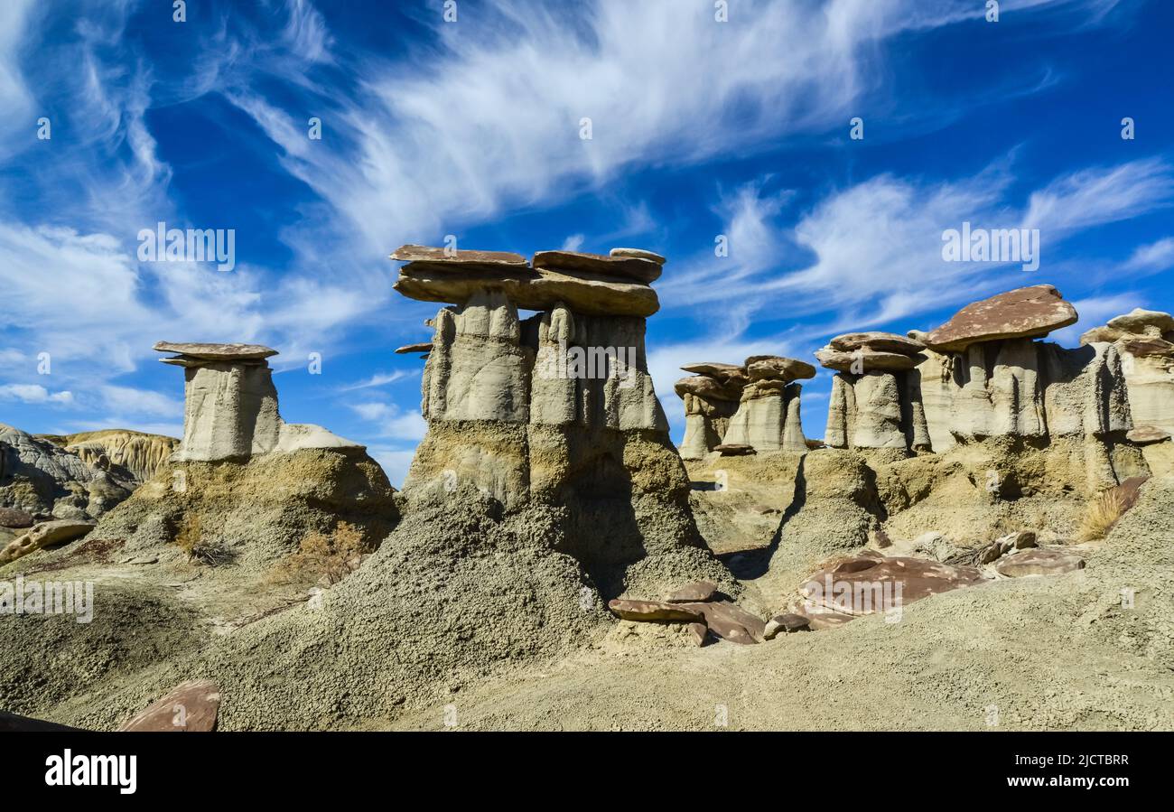 Strane formazioni di arenaria create dall'erosione nell'area di studio Wilderness di Ah-Shi-Sle-Pah nella contea di San Juan vicino alla città di Farmington, New Mexico. Foto Stock