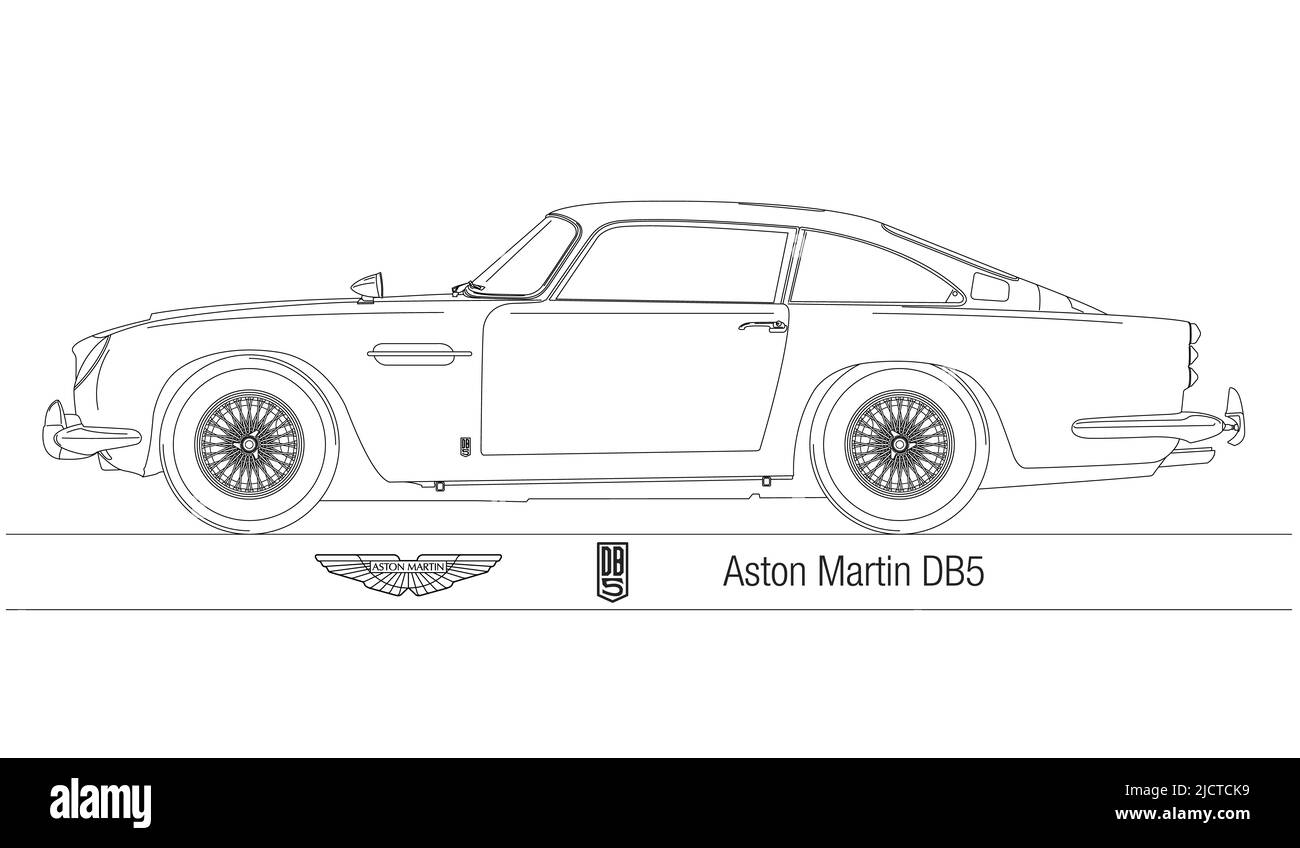 Aston Martin DB5 auto d'epoca, 1963, silhouette delineata, illustrazione Foto Stock