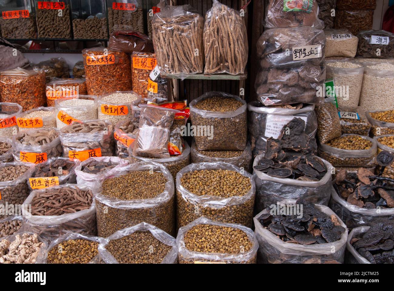 Varietà di articoli secchi in vendita nel mercato Qingping a Guangzhou, cinese li usa per la medicina. Tutto, dai funghi alle parti animali. Foto Stock