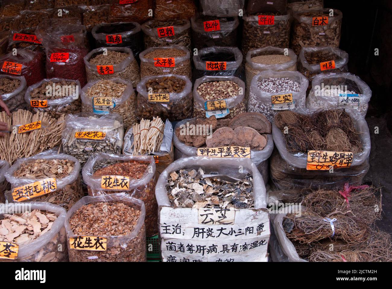 Varietà di articoli secchi in vendita nel mercato Qingping a Guangzhou, cinese li usa per la medicina. Tutto, dai funghi alle parti animali. Foto Stock