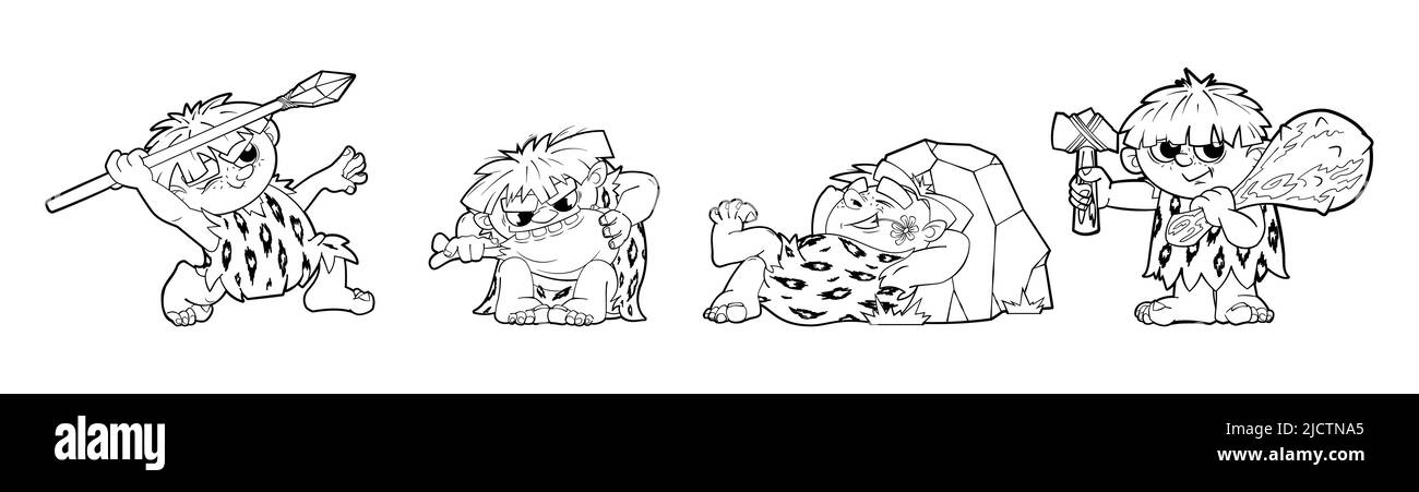 Uomo primitivo preistorico, un insieme di figure dinamiche in stile cartoon bianco e nero.adesivi, decalcomanie, personaggio per animazione. Illustrazione vettoriale Illustrazione Vettoriale