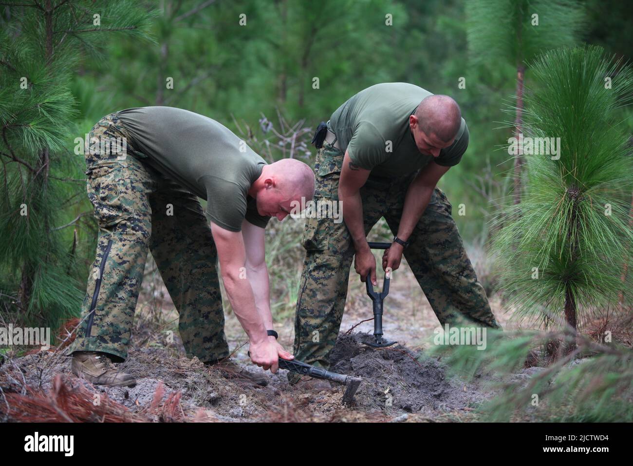 I Marines degli Stati Uniti con Bravo Company, 1st Battaglione, 8th Regiment della Marina (1/8), 2D Divisione della Marina, stanno scavando il loro buco di combattimento sulla zona di atterraggio (LZ) o. Foto Stock