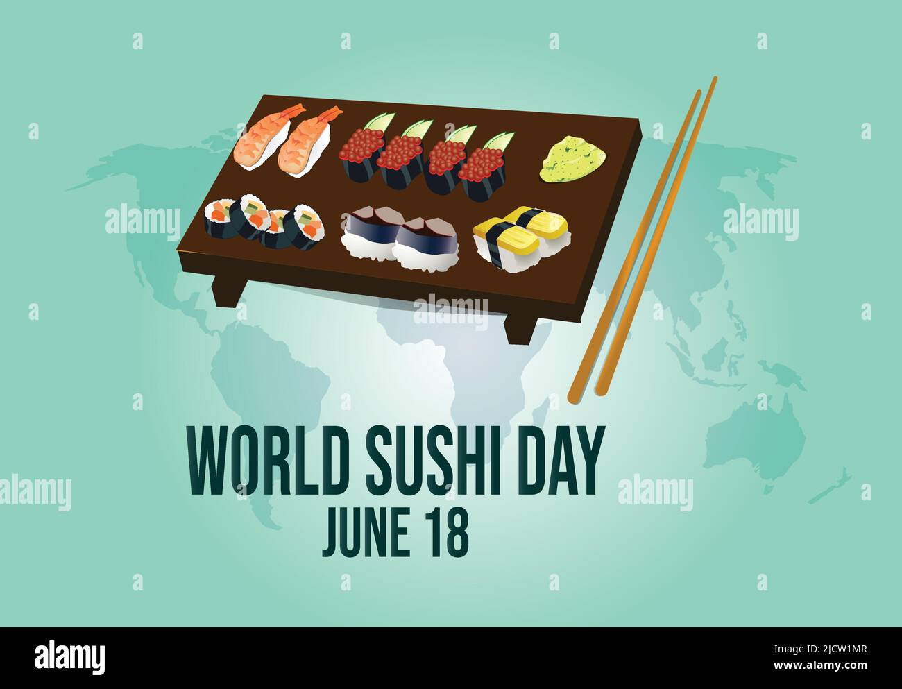 La Giornata Mondiale del Sushi il 18 giugno celebra un piatto giapponese di riso, condimenti e aceto. Modello per banner e poster Illustrazione Vettoriale