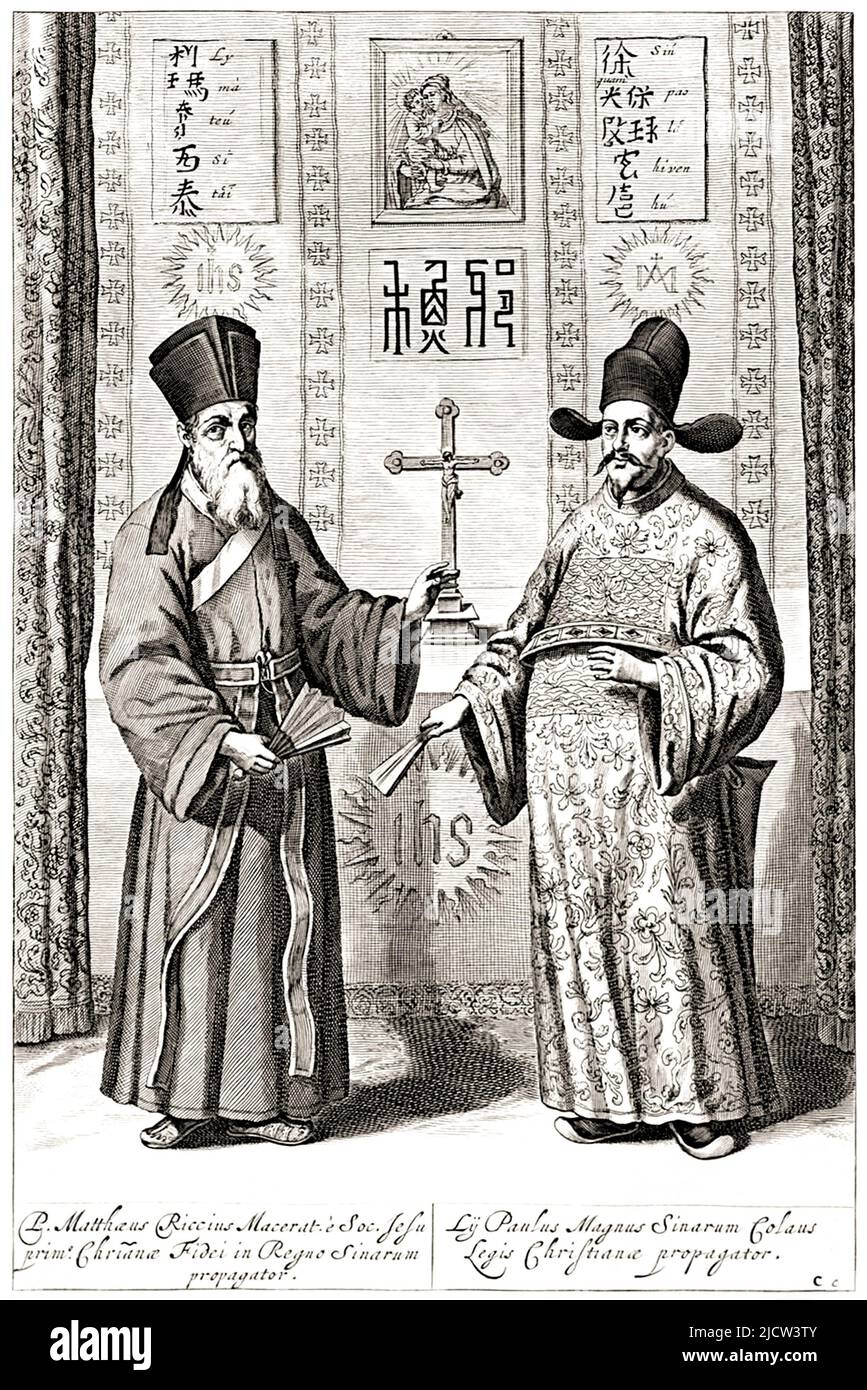 1600 ca , ITALIA : il matematico , cartografo e sinologo italiano Padre MATTEO RICCI ( 1552 - 1610 ) con PAULUS li . Padre Matteo Ricci era un sacerdote gesuita italiano e una delle figure fondatrici delle missioni gesuite in Cina . La sua mappa del mondo in caratteri cinesi del 1602 ha introdotto i risultati dell'esplorazione europea nell'Asia orientale. Ritratto di incisioni settecentesche sconosciute . - RELIGIONE CATTOLICA - RELIGIONE CATTOLICA - MISSIONARIA - MISSIONI CATTOLICHE - GESUITA - MATEMATICA - MATEMATICO - CARTOGRFO - CARTOGRFIA - ESPLORAZIONE IN CINA - ORDINE DEI GESUITI - CINA - ASIA - PORTR Foto Stock