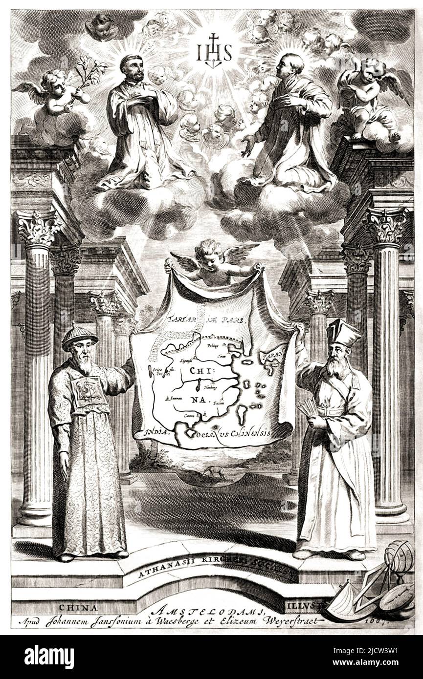 1600 ca , ITALIA : il matematico , cartografo e sinologo italiano Padre MATTEO RICCI ( 1552 - 1610 ) con PAULUS li . Padre Matteo Ricci era un sacerdote gesuita italiano e una delle figure fondatrici delle missioni gesuite in Cina . La sua mappa del mondo in caratteri cinesi del 1602 ha introdotto i risultati dell'esplorazione europea nell'Asia orientale. Ritratto inciso nel 1667 da Athanasius Kircher ( 1602 - 1680 ). - RELIGIONE CATTOLICA - RELIGIONE CATTOLICA - MISSIONARIO - MISSIONI CATTOLICHE - GESUITA - MATEMATICA - MATEMATICO - CARTOGRFO - CARTOGRFIA - ESPLORAZIONE IN CINA - ORDINE DEI GESUITI - Foto Stock