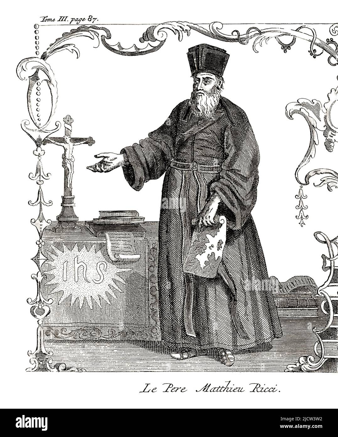 1600 ca , ITALIA : il matematico, cartografo e sinologo italiano Padre MATTEO RICCI ( 1552 - 1610 ). Era un sacerdote gesuita italiano e una delle figure fondatrici delle missioni gesuite in Cina . La sua mappa del mondo in caratteri cinesi del 1602 ha introdotto i risultati dell'esplorazione europea nell'Asia orientale. Ritratto inciso nel 1736 da Johannes van Solingen . - RELIGIONE CATTOLICA - RELIGIONE CATTOLICA - MISSIONARIO - MISSIONI CATTOLICHE - GESUITA - MATEMATICA - MATEMATICO - CARTogrFO - CARTogrFIA - ESPLORAZIONE in CINA - Ordine dei Gesuiti - CINA - ASIA - ritratto - ratto - Cath. Romana Foto Stock