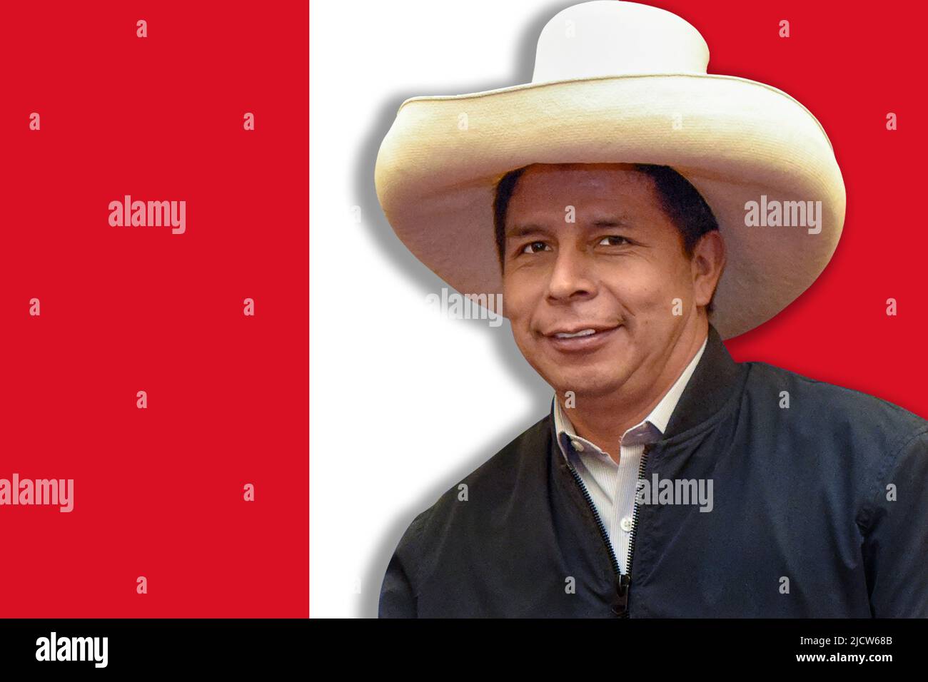 Pedro Castillo e bandiera del Perù Foto Stock