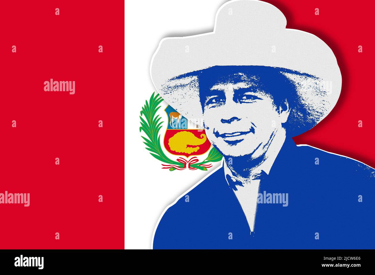 Pedro Castillo e bandiera del Perù Foto Stock
