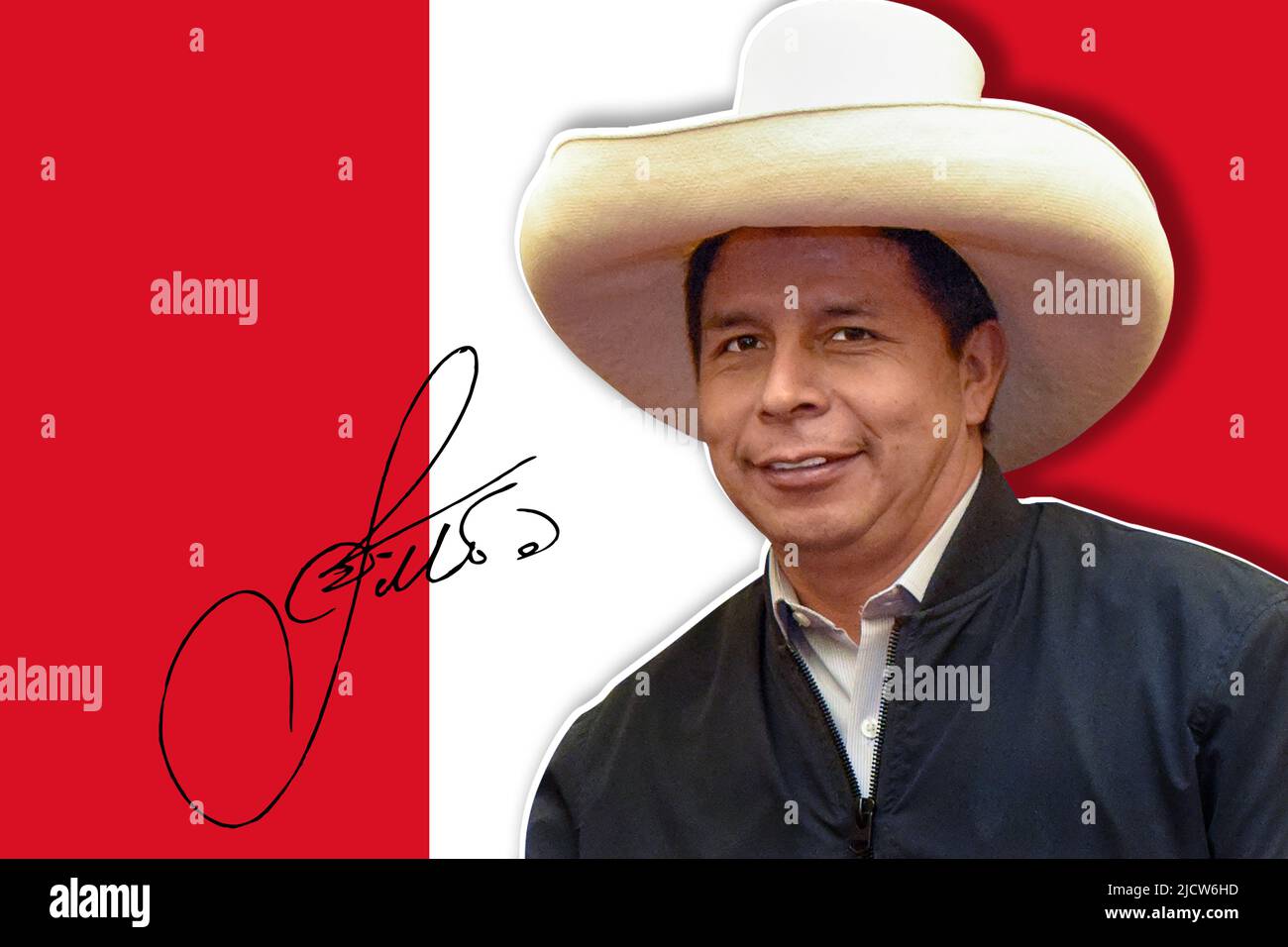 Pedro Castillo, bandiera del Perù e firma Foto Stock