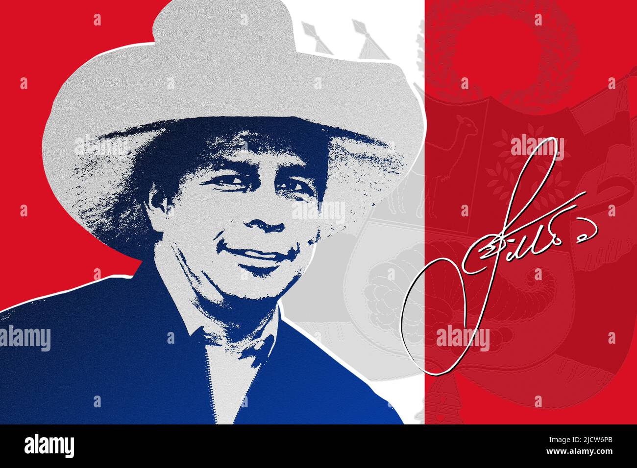 Pedro Castillo, bandiera del Perù e firma Foto Stock