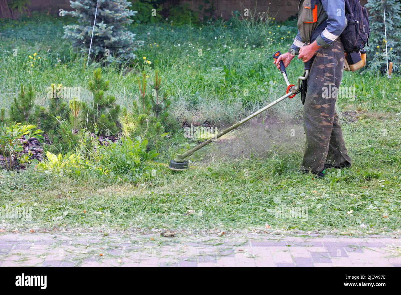 Un operatore di servizi pubblici falcia un prato verde in un parco cittadino vicino al marciapiede con un trimmer a benzina. Spazio di copia. Foto Stock