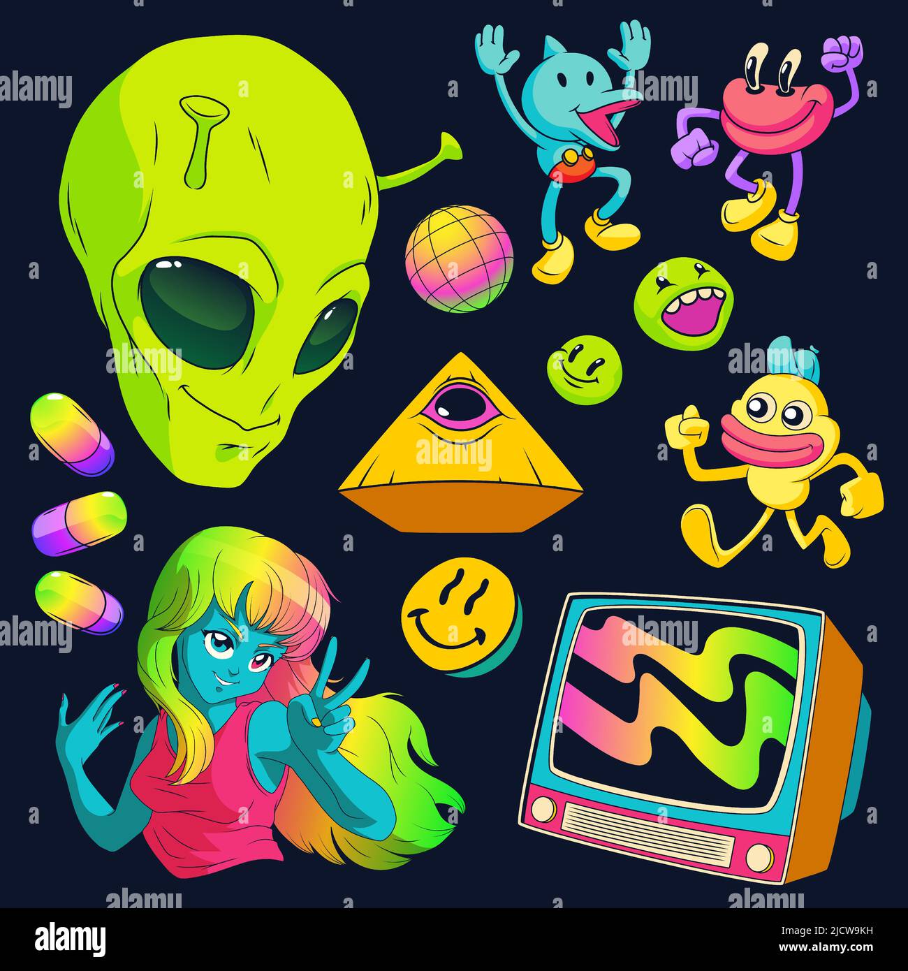Adesivi psichedelici con alieni, droghe e tv isolati su sfondo nero. Set di cartoni animati vettoriali di icone hippie retrò di ragazza blu, testa marziana e piramide con occhio, creature strane Illustrazione Vettoriale