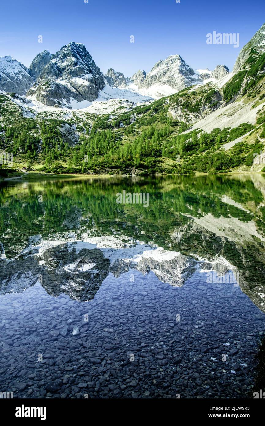 Spiegelbild der Berge im Seebensee Foto Stock