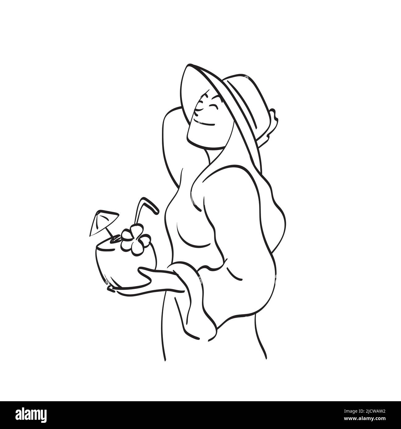 Bella donna sorridente in cappello rilassante con vettore illustrazione cocco disegnato a mano isolato su sfondo bianco art. Illustrazione Vettoriale
