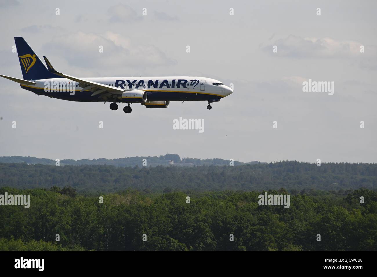 Colonia, Germania. 14th giugno 2022. Un aereo Boeing 737 Ryanair durante l'atterraggio all'aeroporto di Colonia Bonn sul Wahner Heath Credit: Horst Galuschka/dpa/Horst Galuschka dpa/Alamy Live News Foto Stock