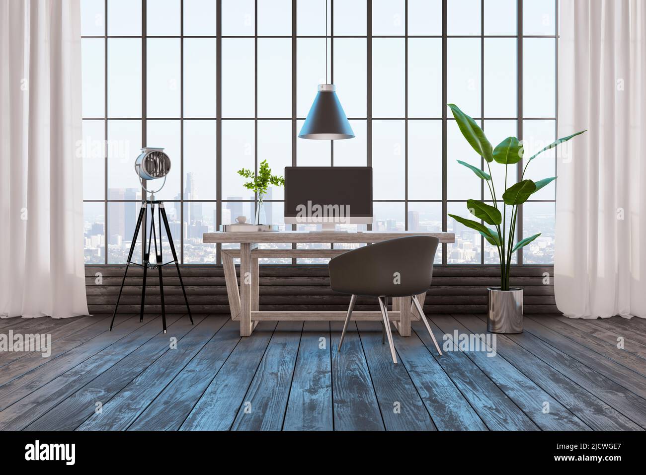 Vista frontale su un ufficio di design eco-stile con posto di lavoro in legno con computer moderno, faretto vintage e piante verdi su pavimento in legno e cit megapolis Foto Stock