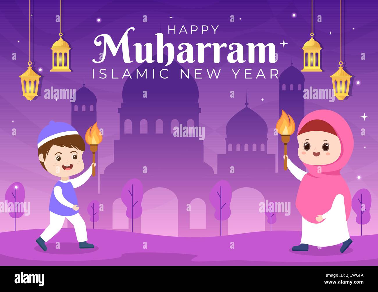 Capodanno islamico o 1 Muharram Vector sfondo Illustrazione della Famiglia musulmana celebrare può essere utilizzato per biglietto di saluto o invito Illustrazione Vettoriale