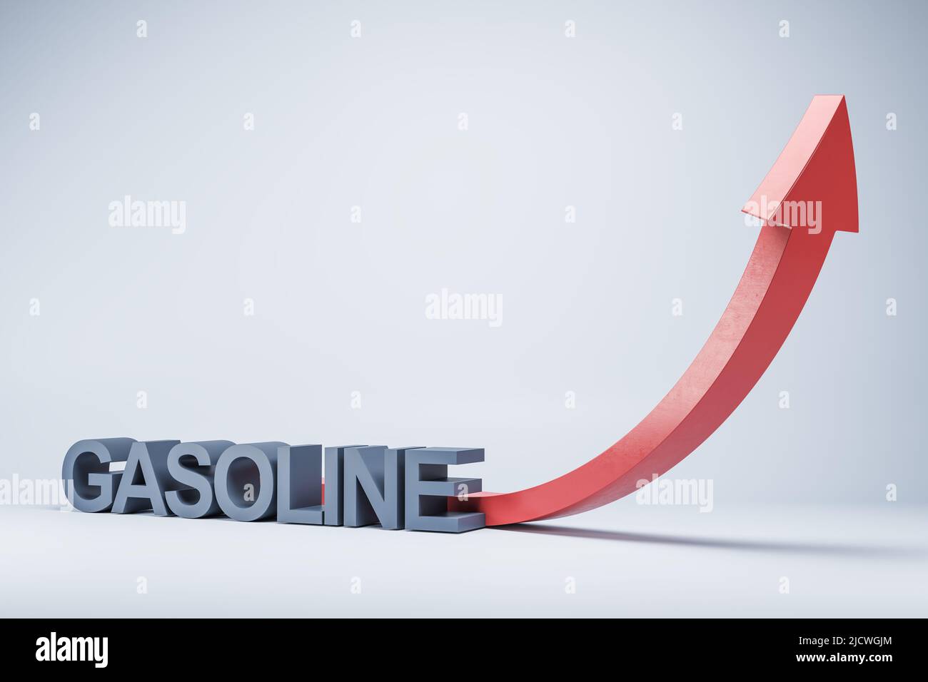 Crisi mondiale e aumento del prezzo delle risorse energetiche concetto con benzina parola e freccia rossa su sfondo chiaro. 3D rendering Foto Stock