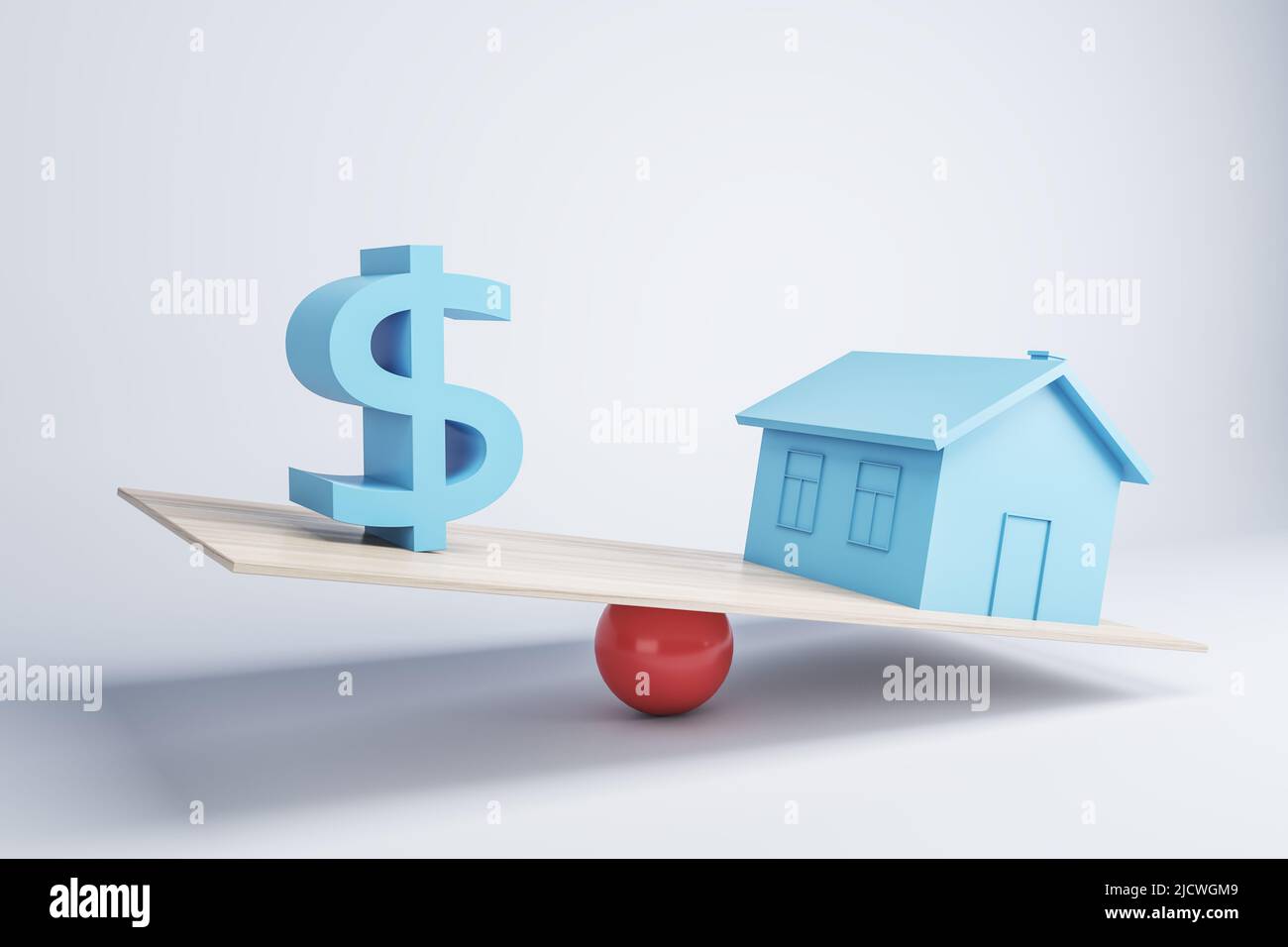 Investimento ipotecario di affari del bene immobile e concetto di prestito finanziario con miniatura della casa e segno del dollaro sulla scala di equilibrio con la sfera rossa. 3D rendering Foto Stock