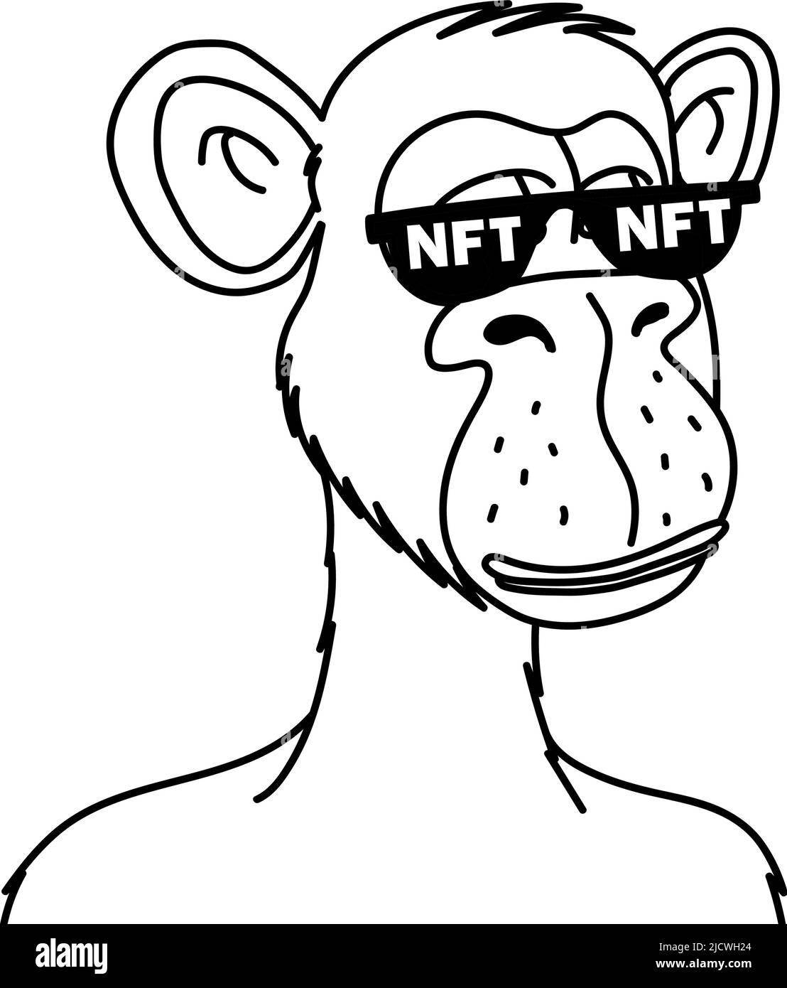Ape annoiato in occhiali da sole NFT isolato su sfondo bianco. Illustrazione vettoriale di scimmia blockchain token non fungibile nello stile di schizzo Illustrazione Vettoriale