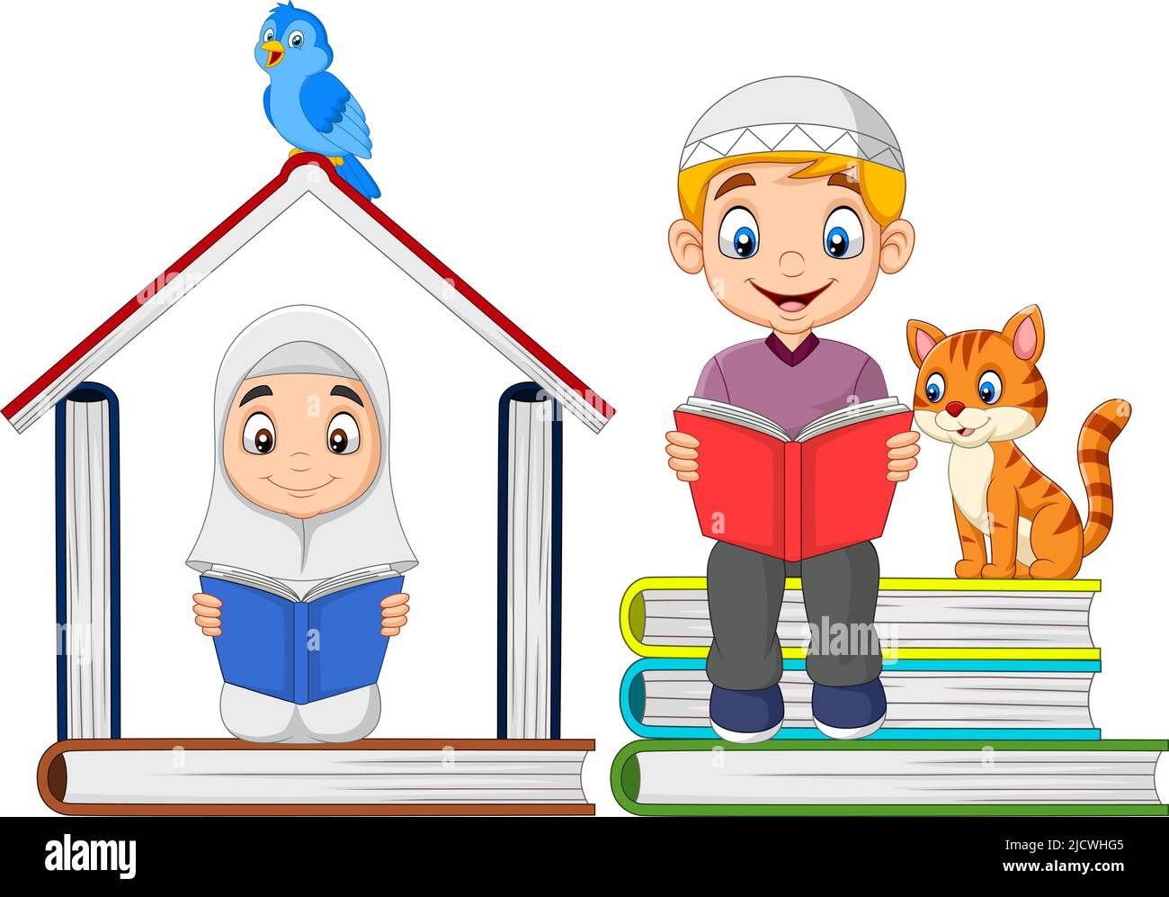 I bambini musulmani di Cartoon leggono un libro con mucchio di libri e formano una casa Illustrazione Vettoriale