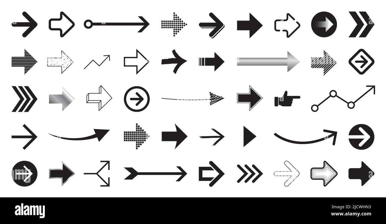 Set di diverse forme di frecce bianche e nere. Collezione di icone a forma di freccia vettoriale in stile piatto isolato su sfondo bianco. Foto Stock