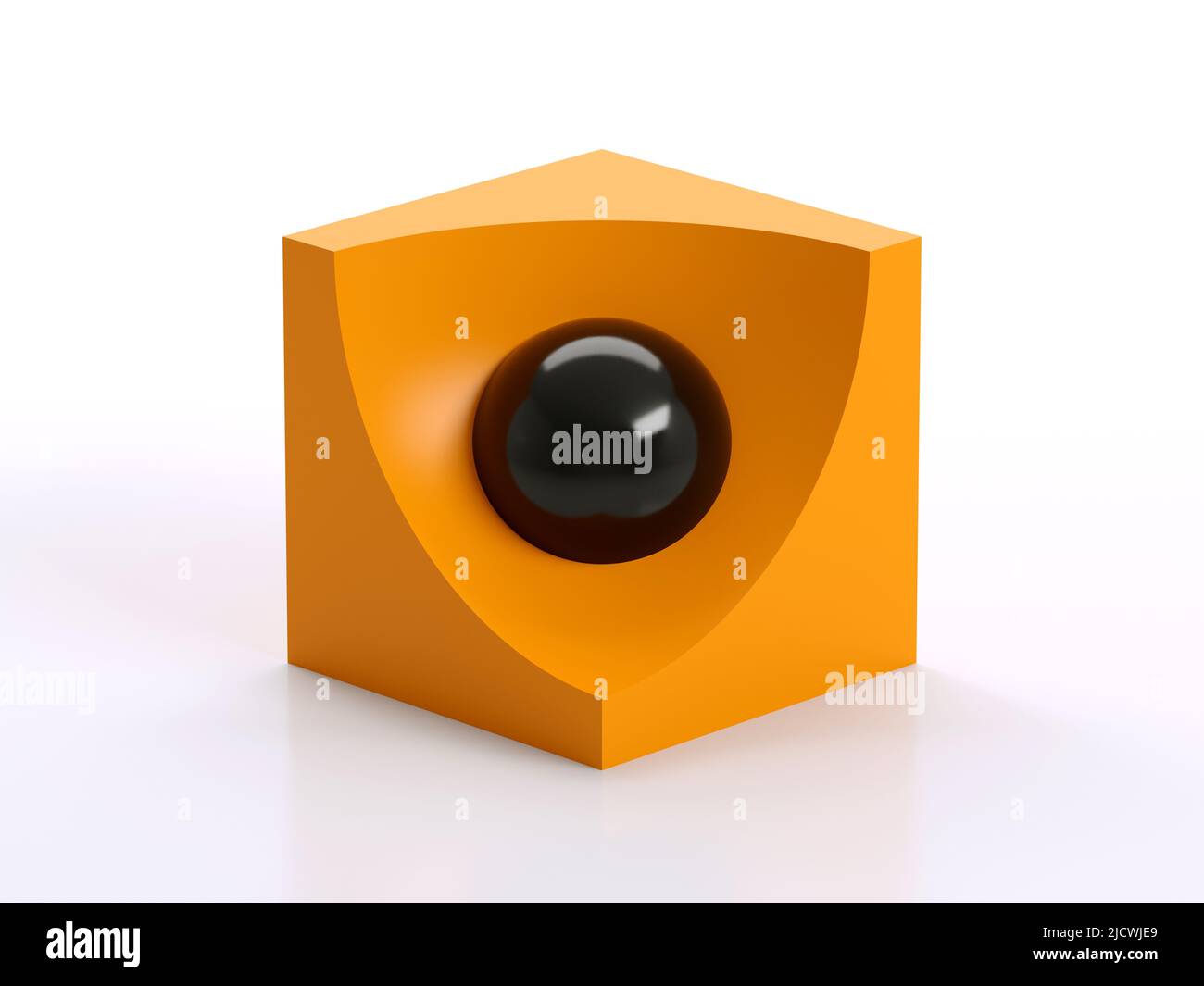 Astratto installazione di vita morta moderna, cubo giallo con sfera nera lucida in un settore di taglio sferico su sfondo bianco. 3d illustrazione del rendering Foto Stock