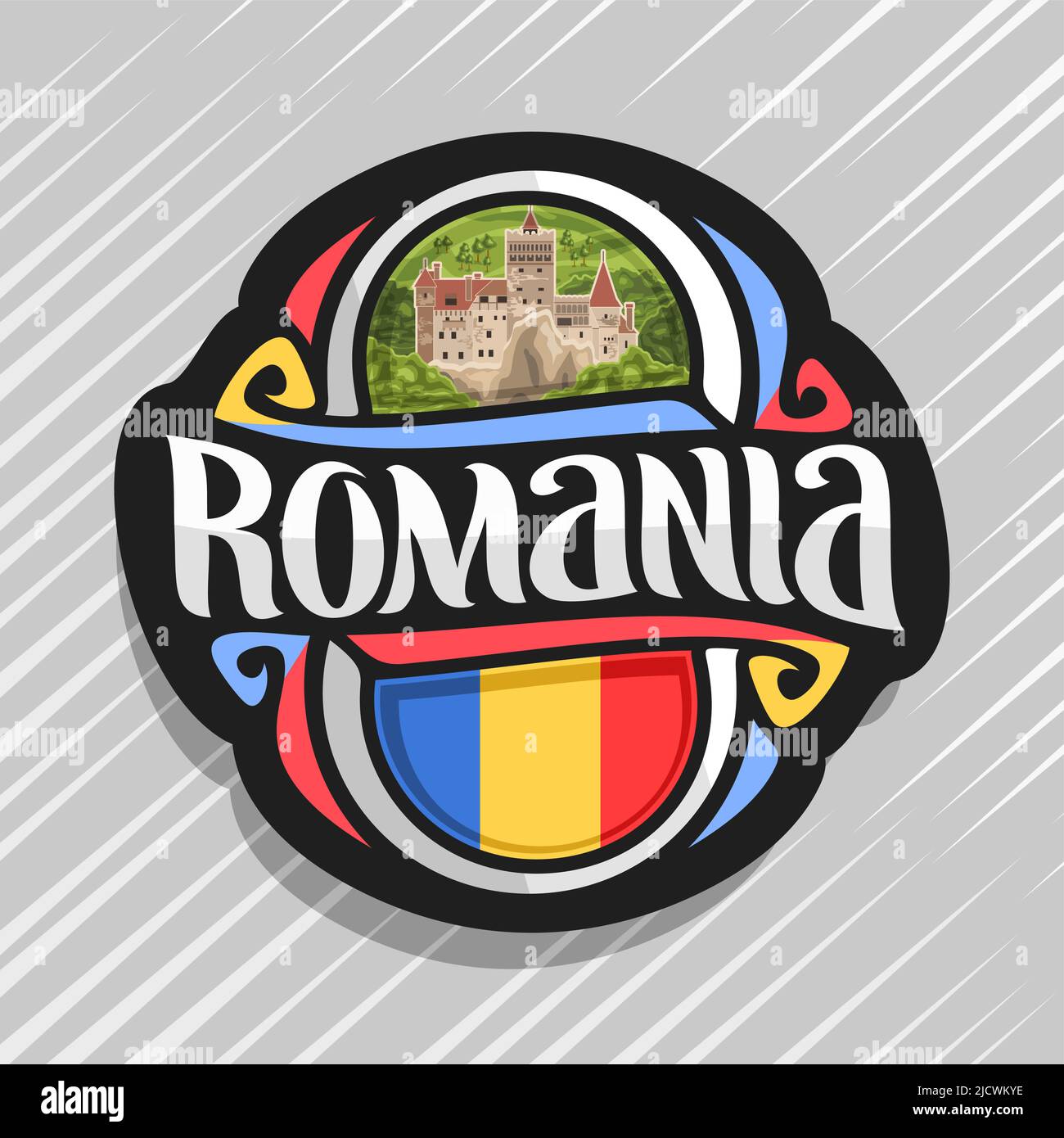 Il logo del vettore per la Romania paese, frigo con magnete dello stato romeno, bandiera Pennello originale carattere tipografico per parola romania e nazionale simbolo Romeno - crusca Illustrazione Vettoriale