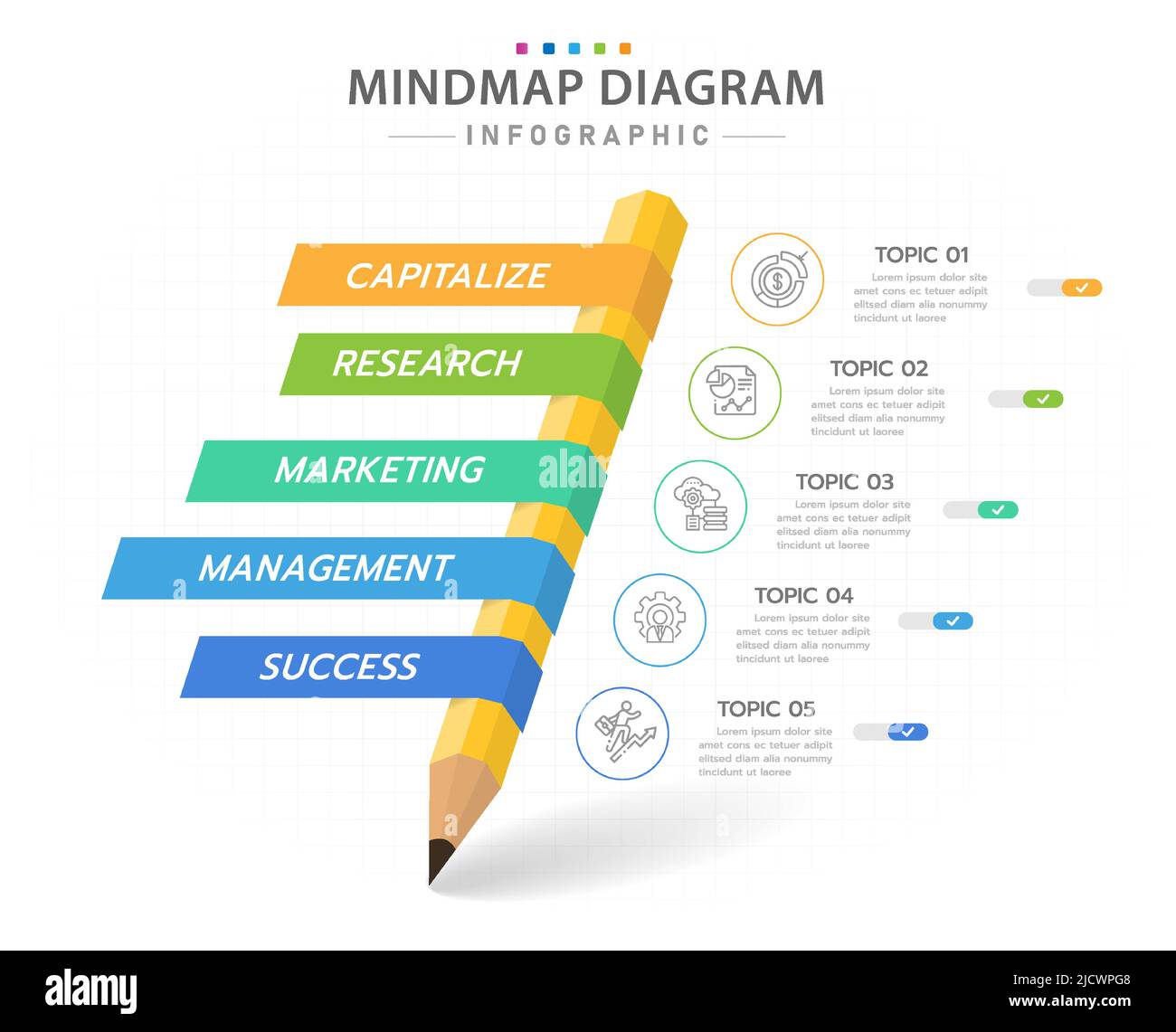 Modello infografico per le aziende. 5 punti Modern matil mindmap diagramma con i soggetti del nastro, presentazione vettoriale infografica. Illustrazione Vettoriale