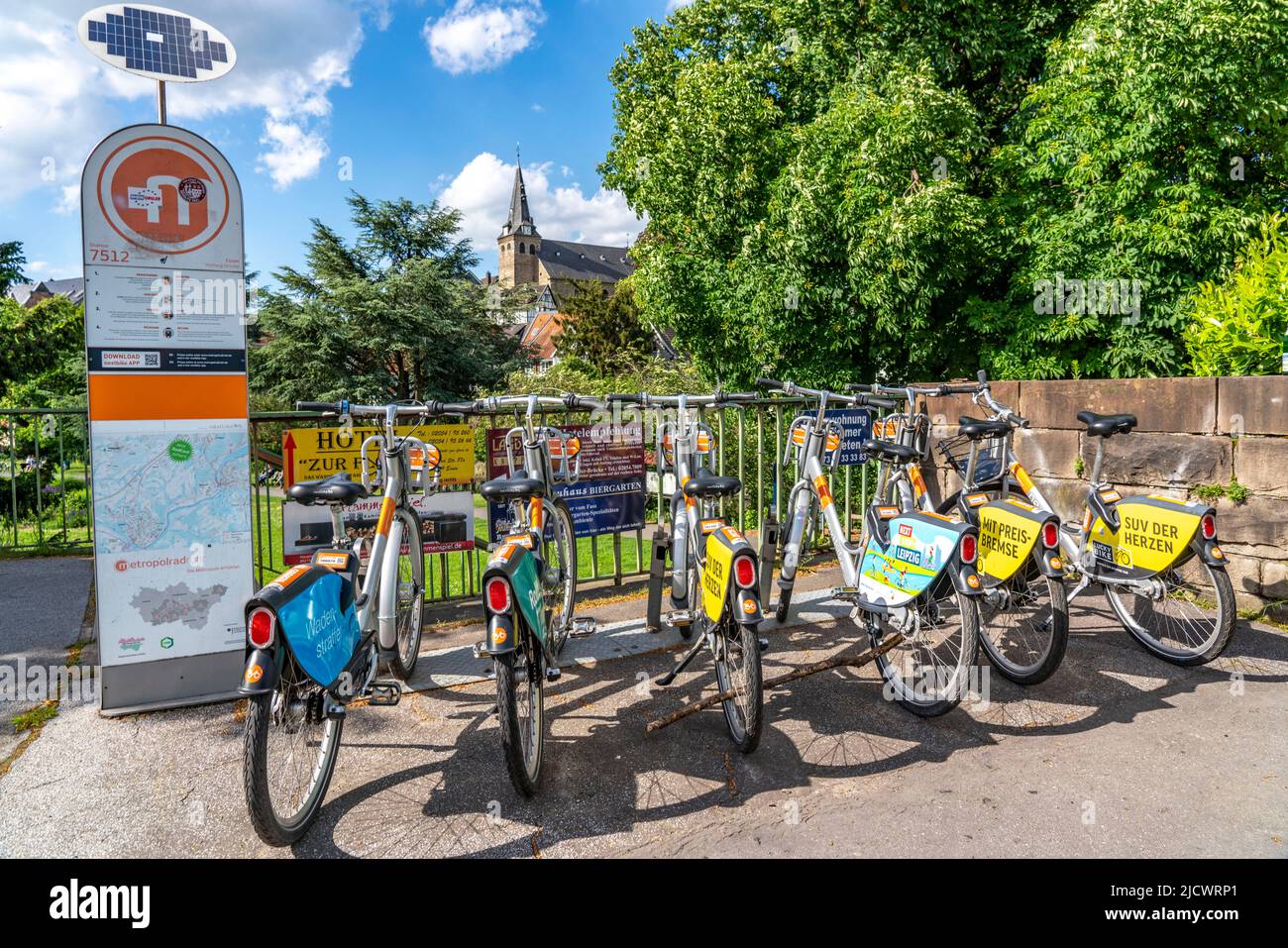 Il centro storico di Essen-Kettwig, stazione di noleggio biciclette Metropolrad Ruhr, Essen NRW, Germania, Foto Stock