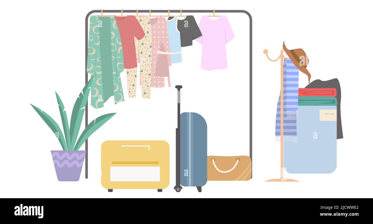 Vestiti appesi su scaffale con accessori vettore Illustrazione Vettoriale