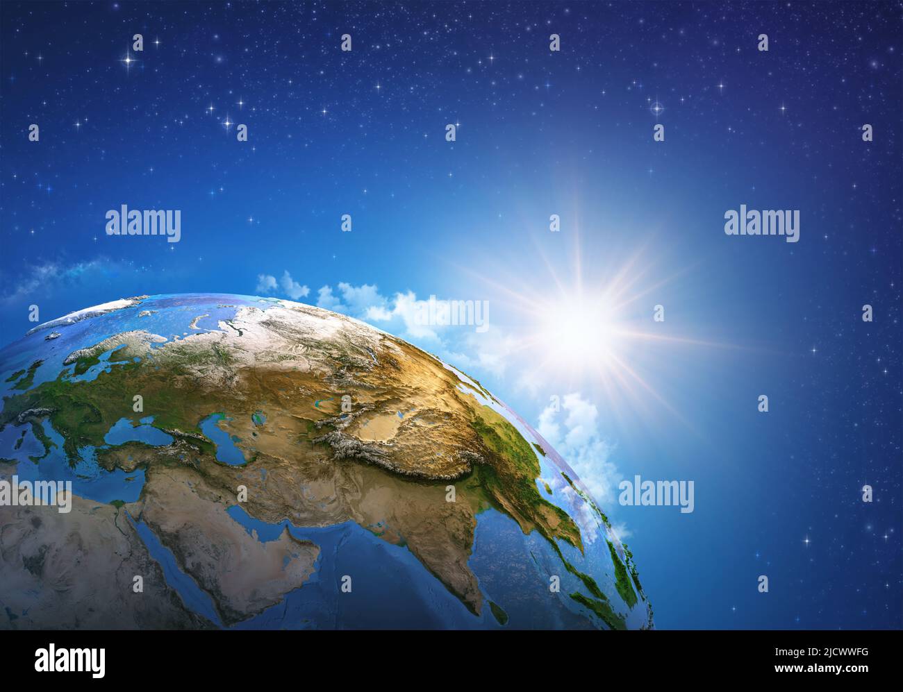 Il riscaldamento globale sul pianeta Terra, visto dallo spazio focalizzato su Asia orientale, Cina, Russia. Globo terrestre nello spazio profondo, sole che sorge all'orizzonte. Foto Stock