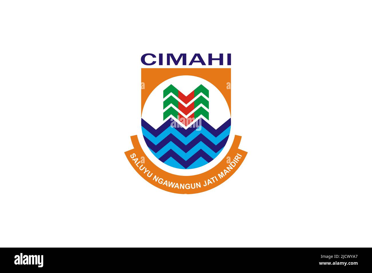 Vista dall'alto della bandiera City Cimahi Indonesia. Viaggio indonesiano e patriota concetto. Non flagpole. Layout del piano, progettazione. Contrassegna sfondo Foto Stock