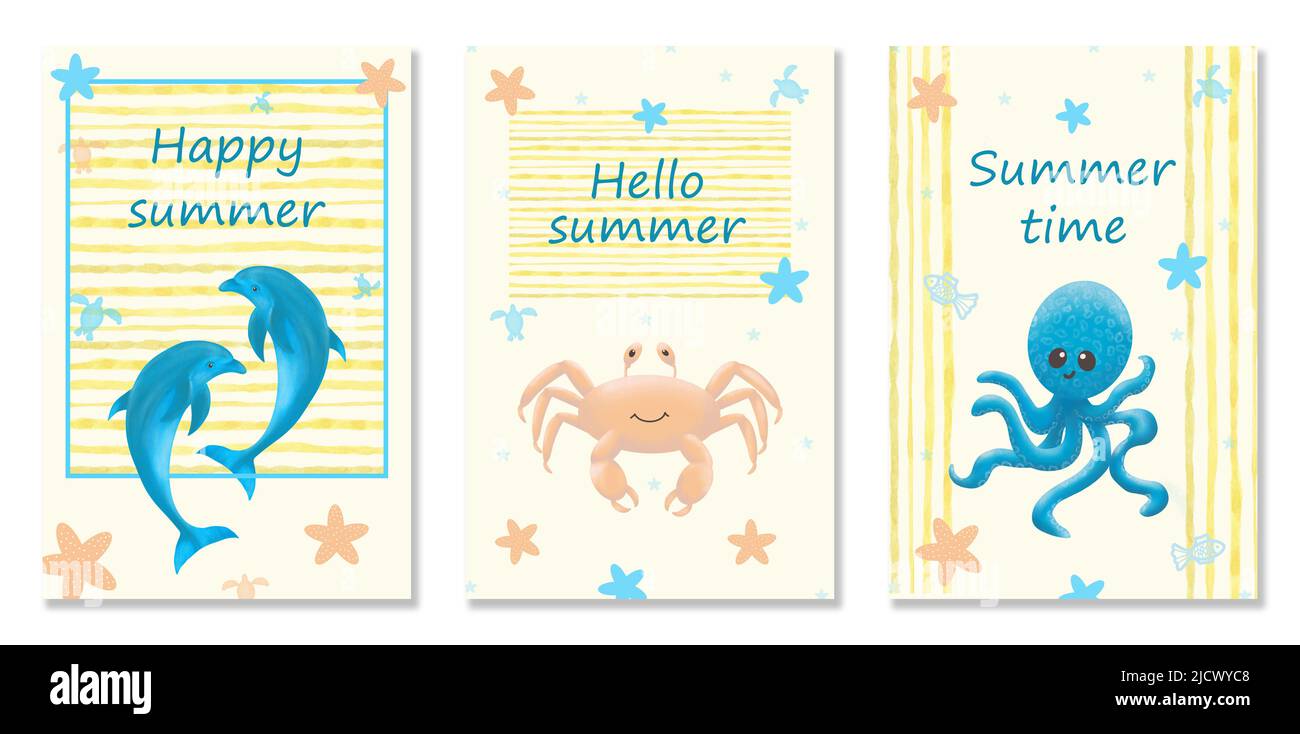Set con Marine Summer Card con animali marini. Ciao estate. Ora legale. Felice estate Dolphin, granchio e polpo. Foto Stock