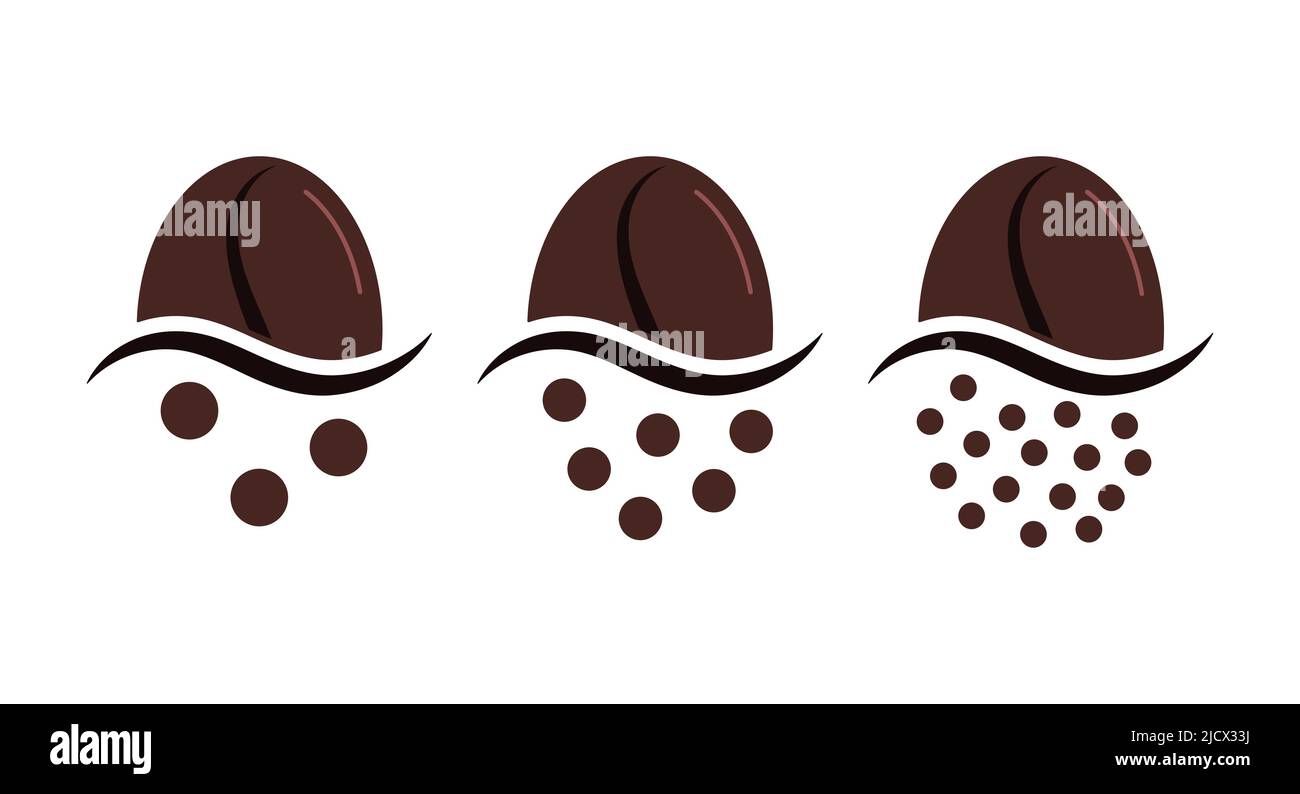 Dimensione macinatura caffè gradi grafico grani icona set isolato su sfondo bianco. Illustrazione Vettoriale