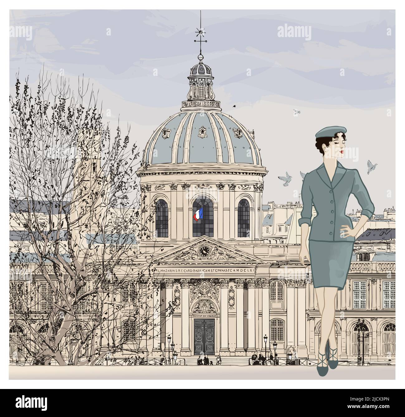 Modello di moda in posa sul famoso pont des Arts che attraversa la Senna a Parigi - (ideale per la stampa, poster o carta da parati, decorazione casa) Illustrazione Vettoriale