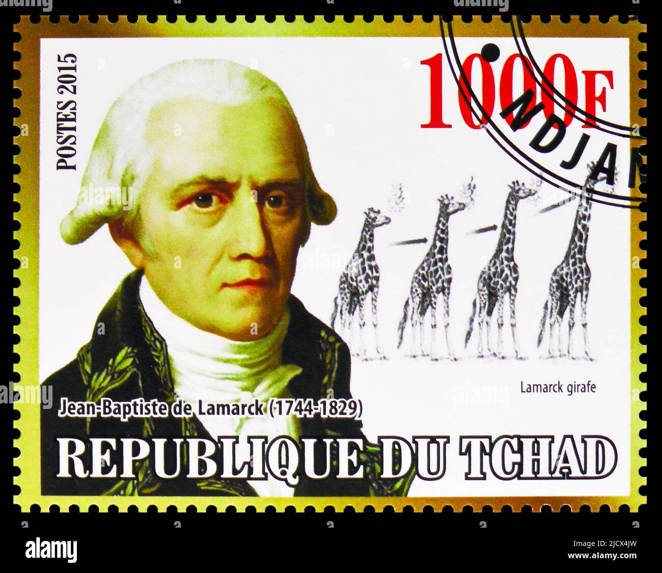 MOSCA, RUSSIA - 12 GIUGNO 2022: Francobollo stampato in Ciad mostra Jean-Baptiste de Lamarck, serie naturalisti, circa 2015 Foto Stock
