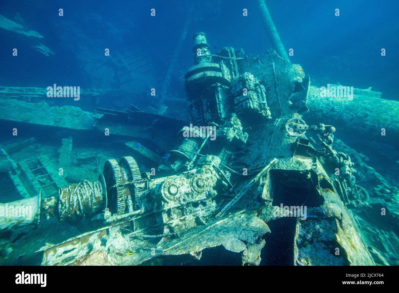 Resti del naufragio di Kinsei Maru sul lato nord-est della Silver Bank, Repubblica Dominicana, Antille grandi, Caraibi, America Centrale Foto Stock